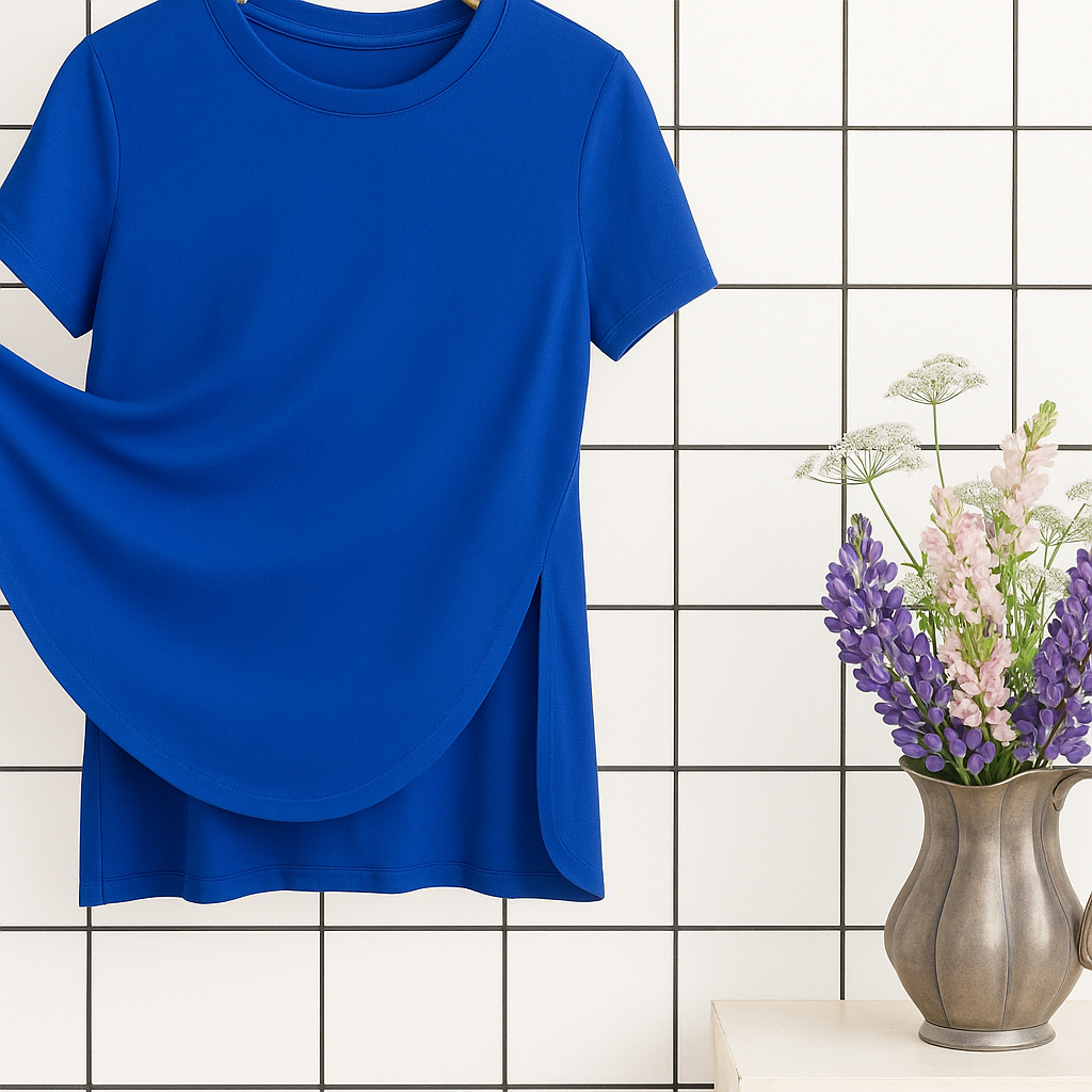 Basis T-shirt med smart slids – blå & hvid