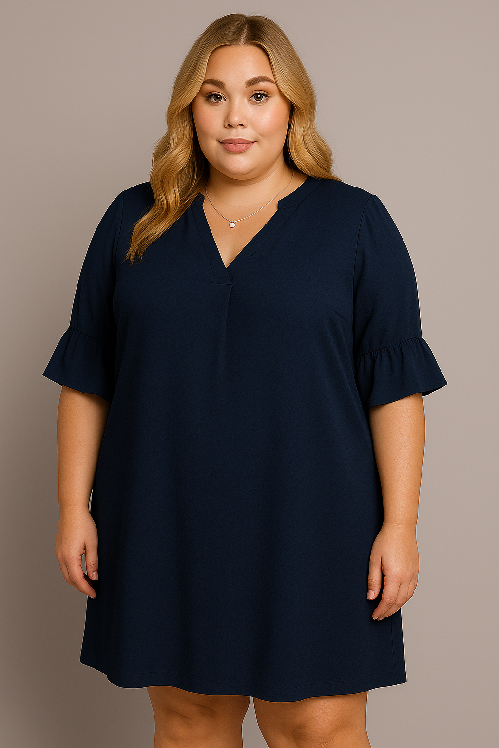 Elegant blå kjole med V-hals – stilren og feminin