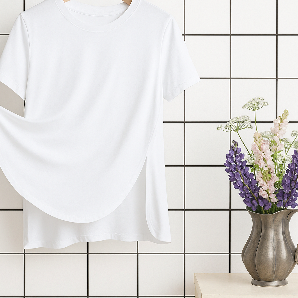 Basis T-shirt med smart slids – blå & hvid